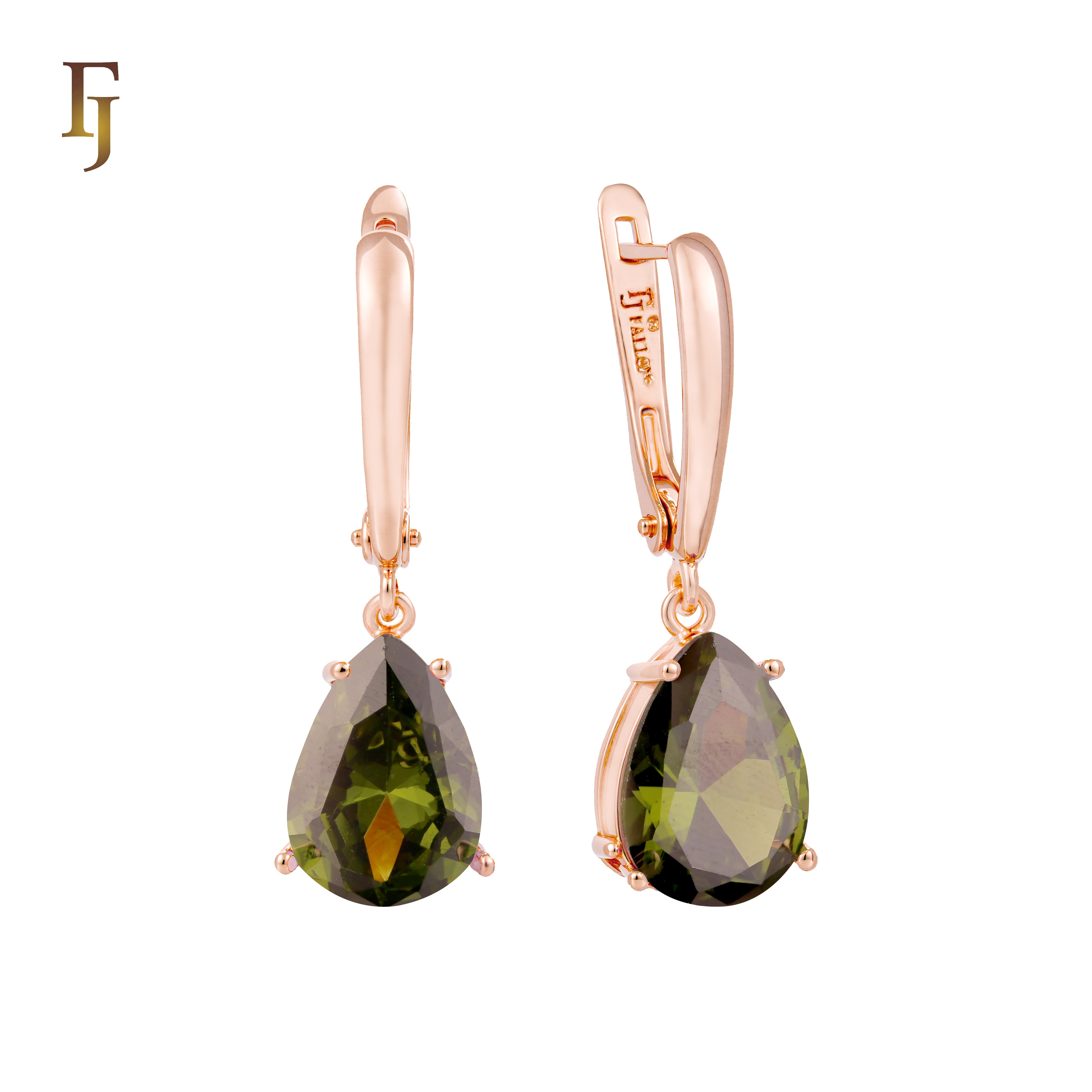 .Aretes de piedra en forma de lágrima en colores chapados en oro de 14 quilates, oro rosa y oro blanco.
