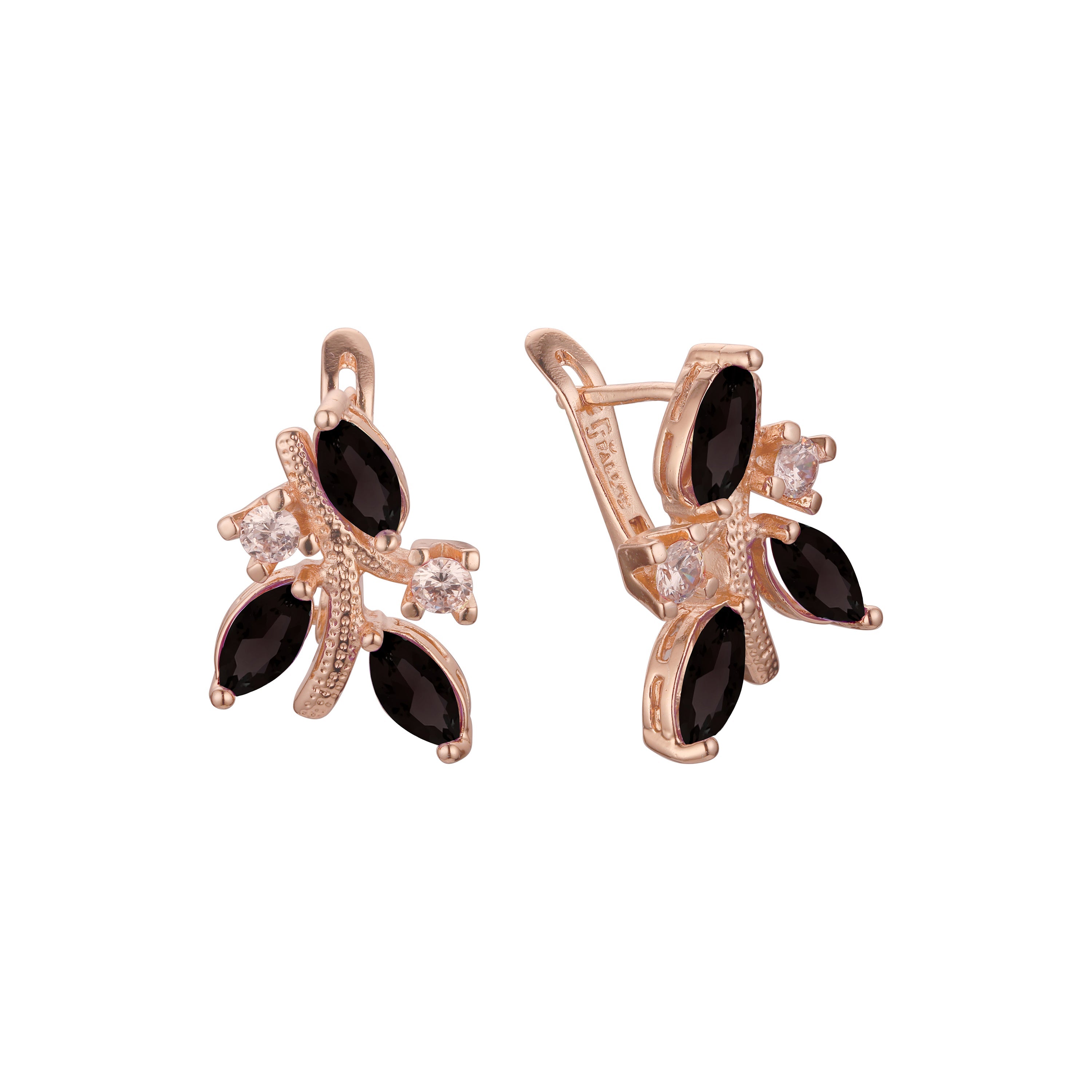 Pendientes de oro rosa de 14 quilates con hojas en rama y circonitas cúbicas
