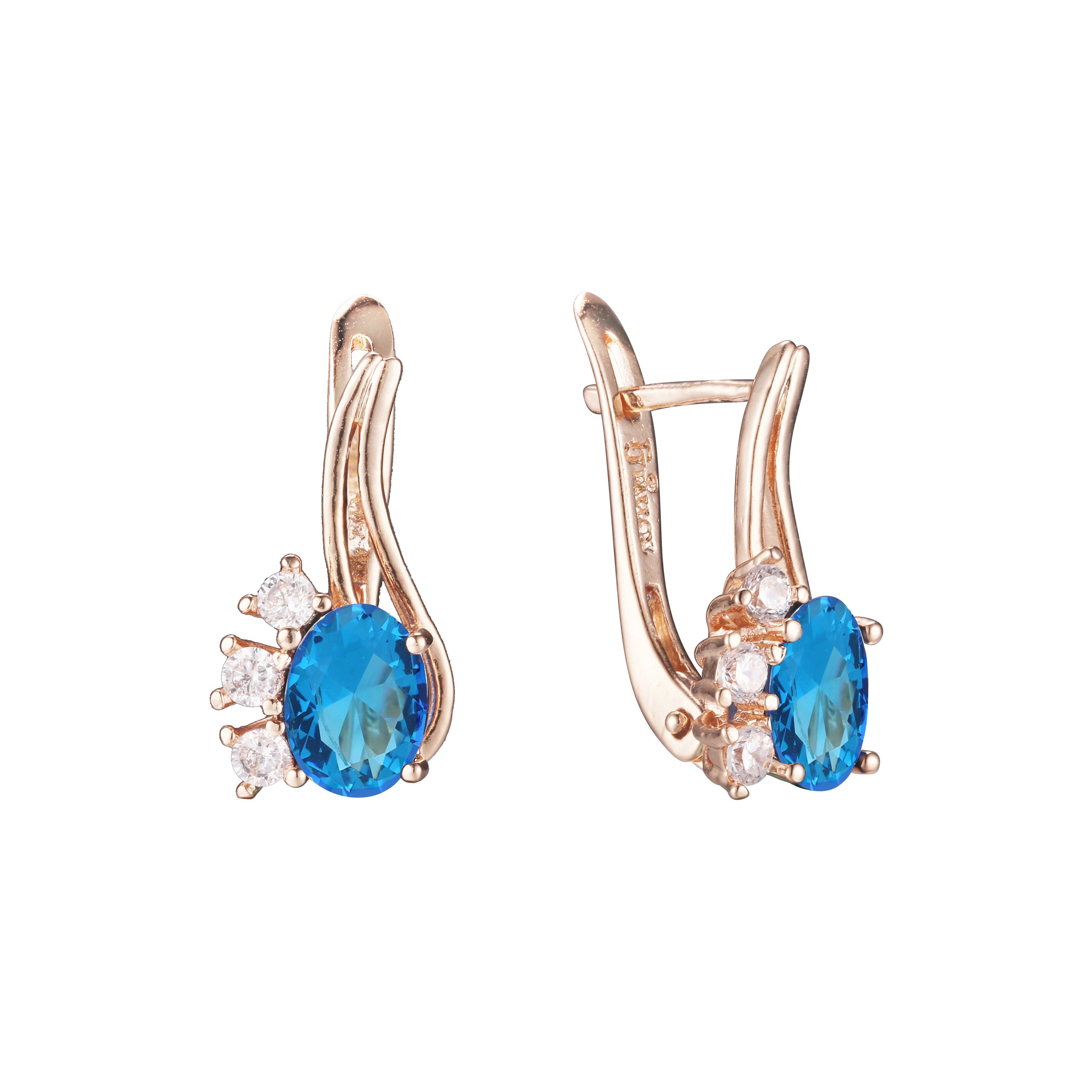 Aretes Solitario cara con tres piedras en Oro de 14K, baño de Oro Rosa colores