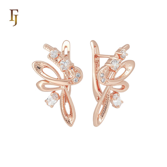 Sparkling dancing ribbon of white CZs Rose Gold Russian Lock Earrings