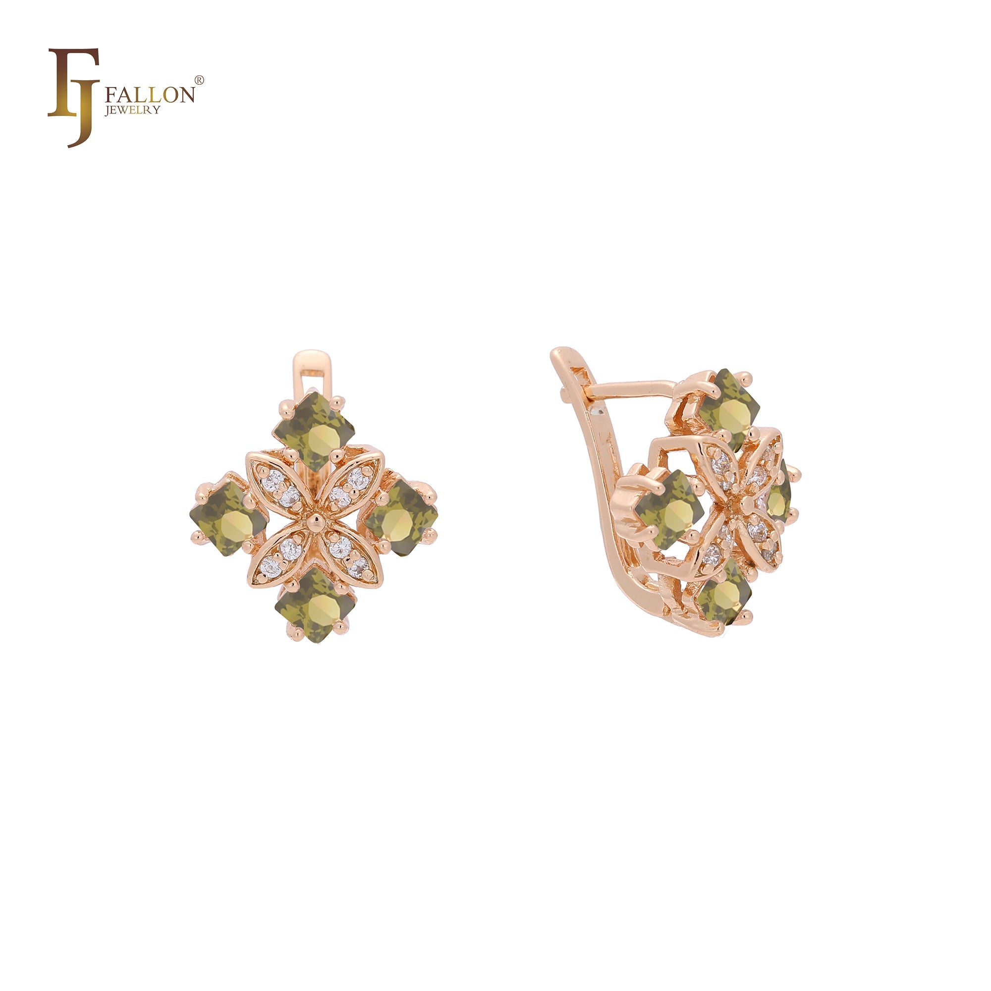 Pendientes de oro rosa en dos tonos con flor de circonitas cuadradas en racimo