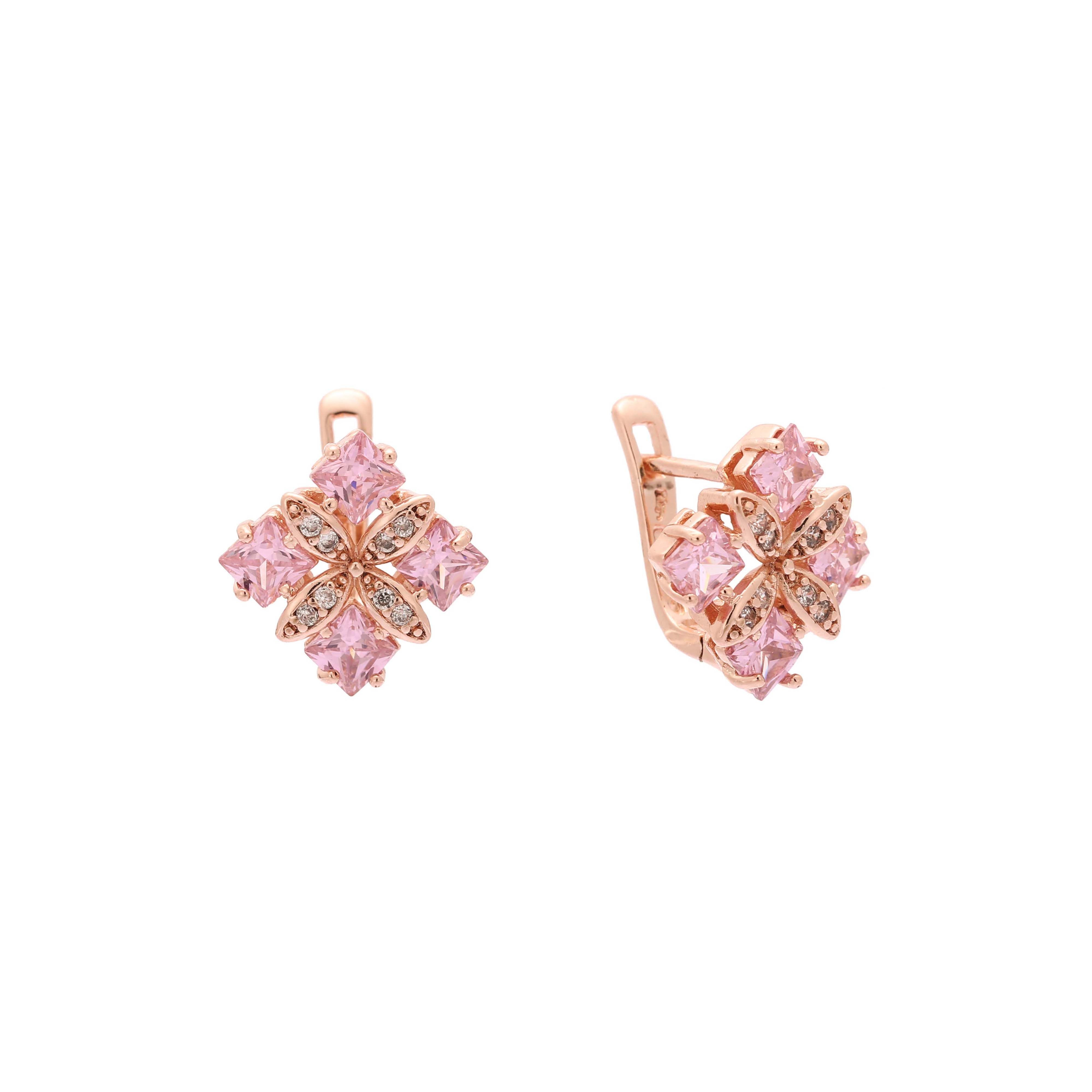 Pendientes de oro rosa en dos tonos con flor de circonitas cuadradas en racimo