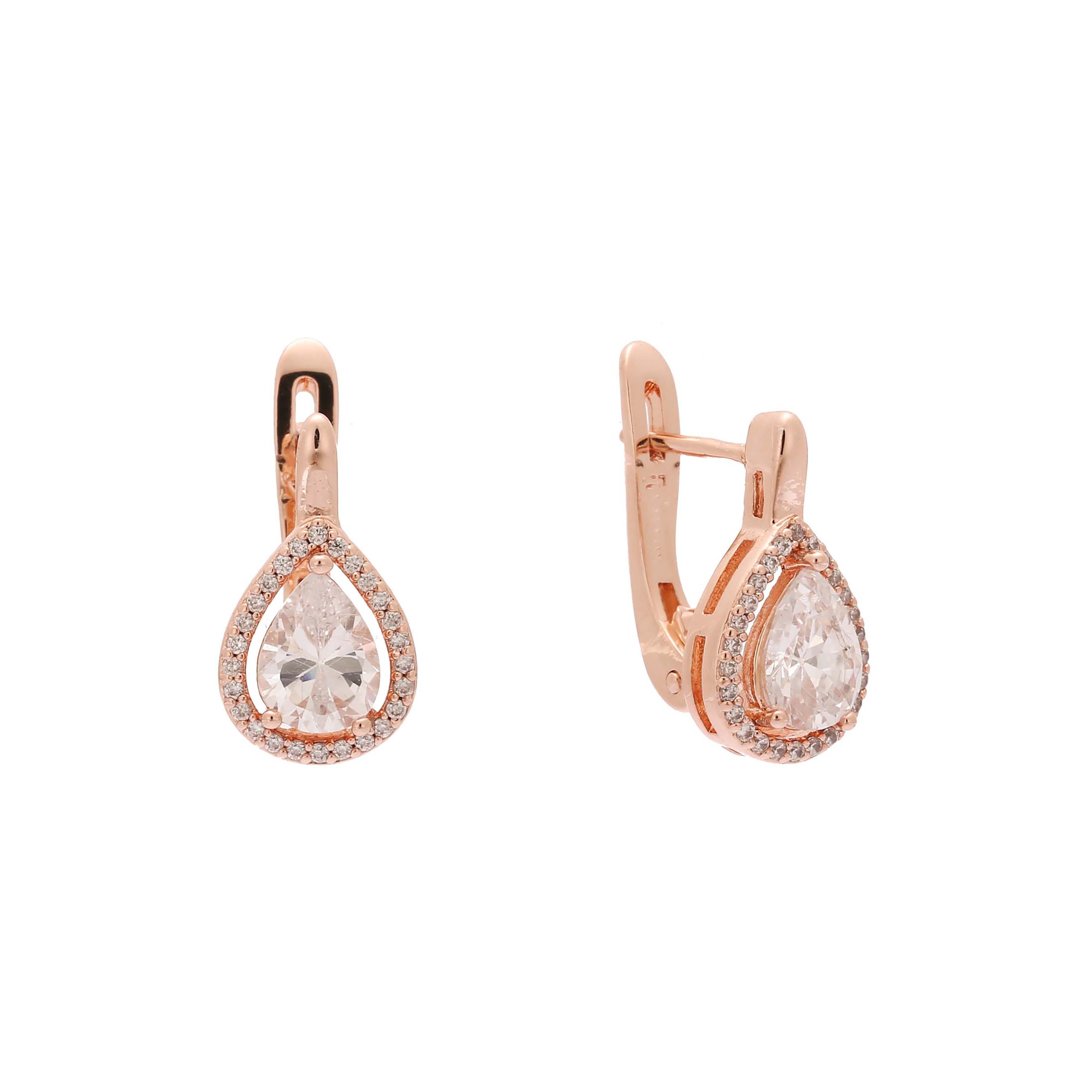 Pendientes de oro rosa de 14 quilates con circonitas cúbicas en forma de lágrima y halo grande
