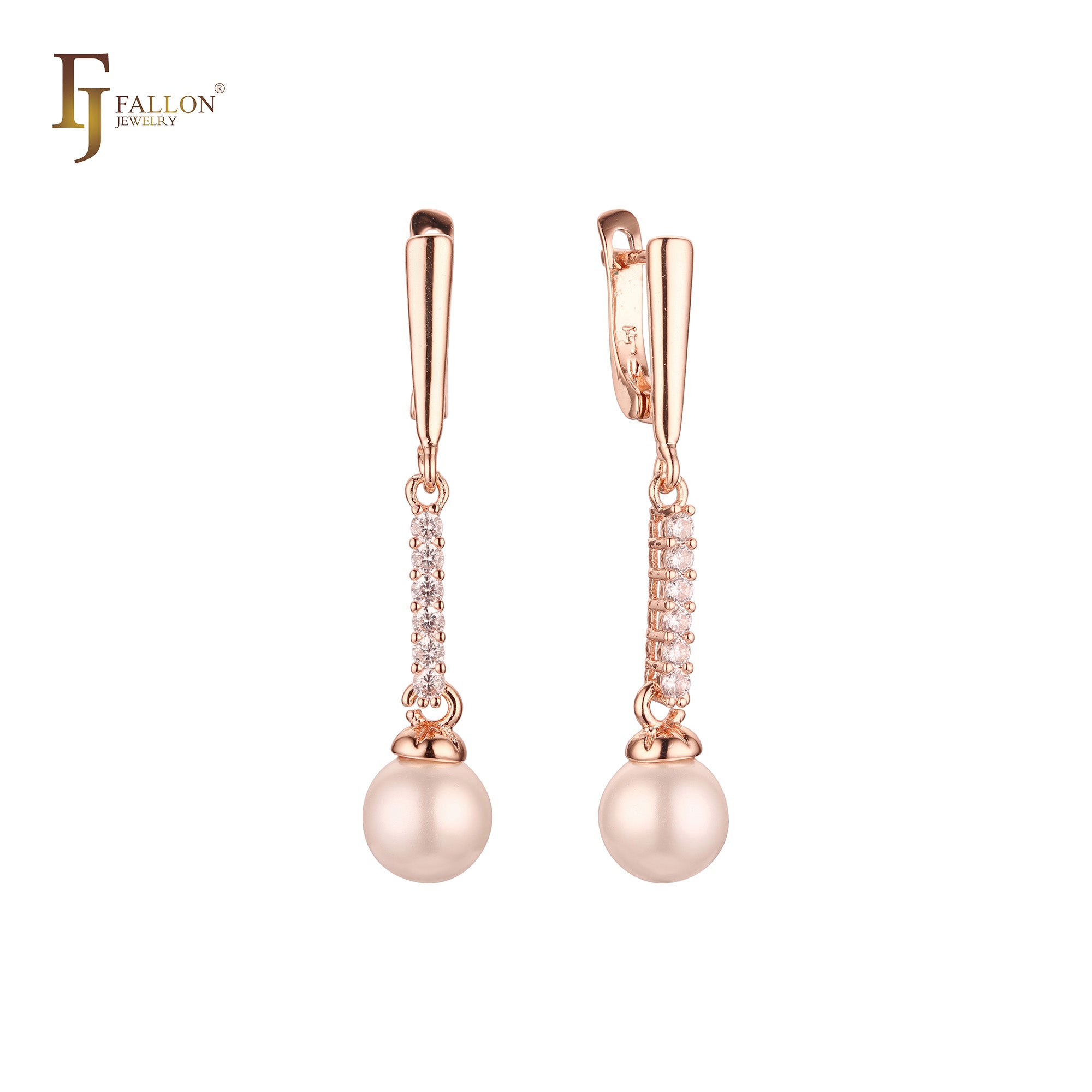 Solitaire Pearl cluster white CZs drop Rose Gold Russian Lock Earrings