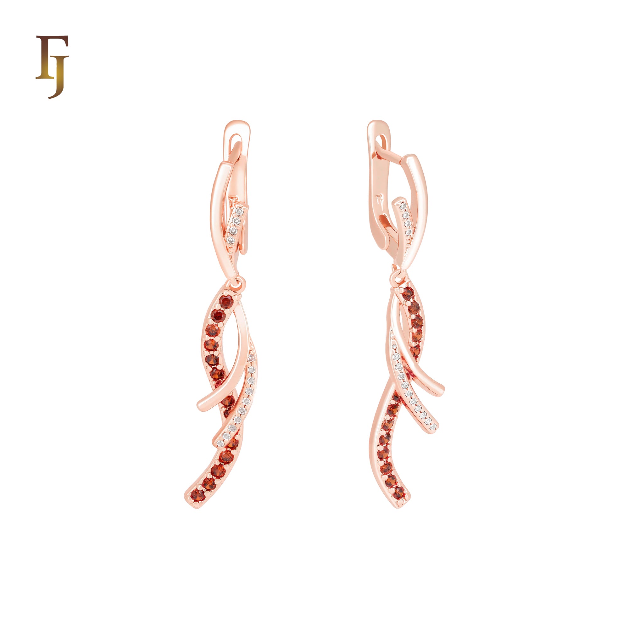 Long paved white and red stones drop Russian Lock Earrings