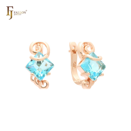 Wavy clawed solitaire Asscher Cut Stone Russian Lock Rose Gold Earrings