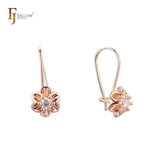 Solitaire flower clawed white CZ Rose Gold wire hook Earrings