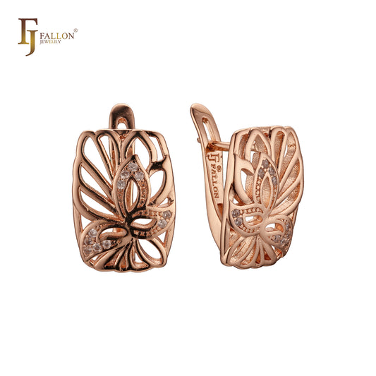 Squared branches framed white CZ Rose Gold Russian Lock Earrings