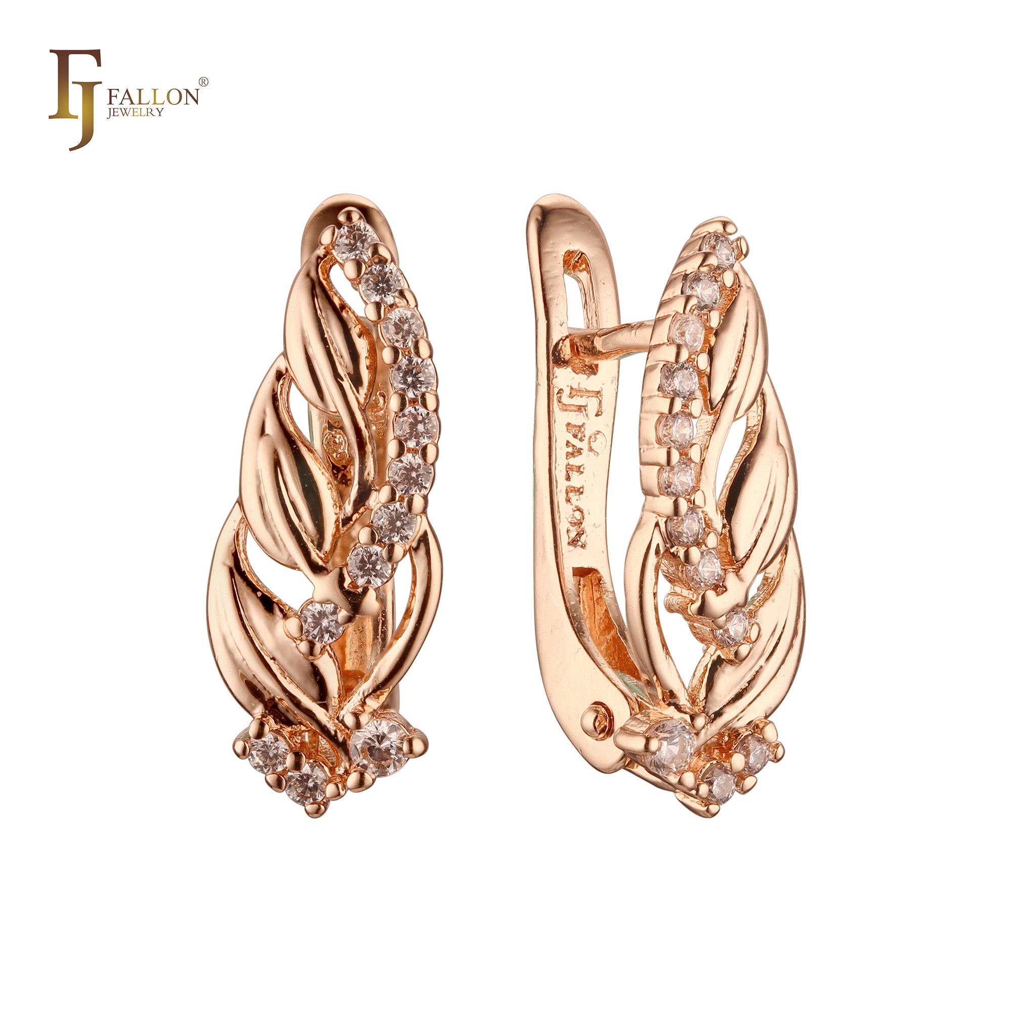 Paved white CZs thousand great leaves Rose Gold Russian Lock Earrings