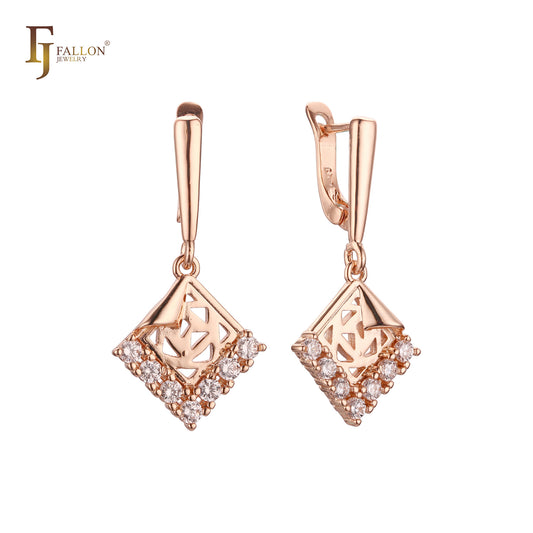 Rhombus paved white CZs elegant Rose Gold drop Russian Lock Earrings