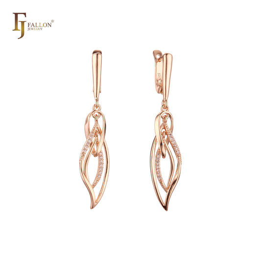 Elegant paved white CZs wires geometric Rose Gold drop Russian Lock Earrings