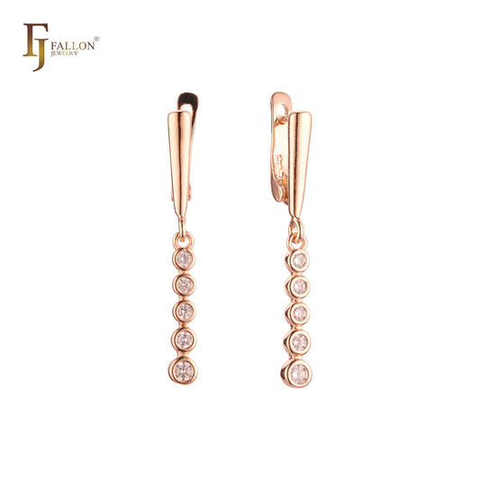 Five white rounded CZs drop Russian Lock Rose Gold Earrings