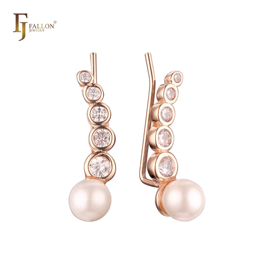 Solitaire pearl of curved white CZs Rose Gold Wire Hook Ear Climber Crawler Earrings
