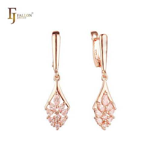 Great cluster dance skirt of white CZs drop Russian Lock Rose Gold Earrings