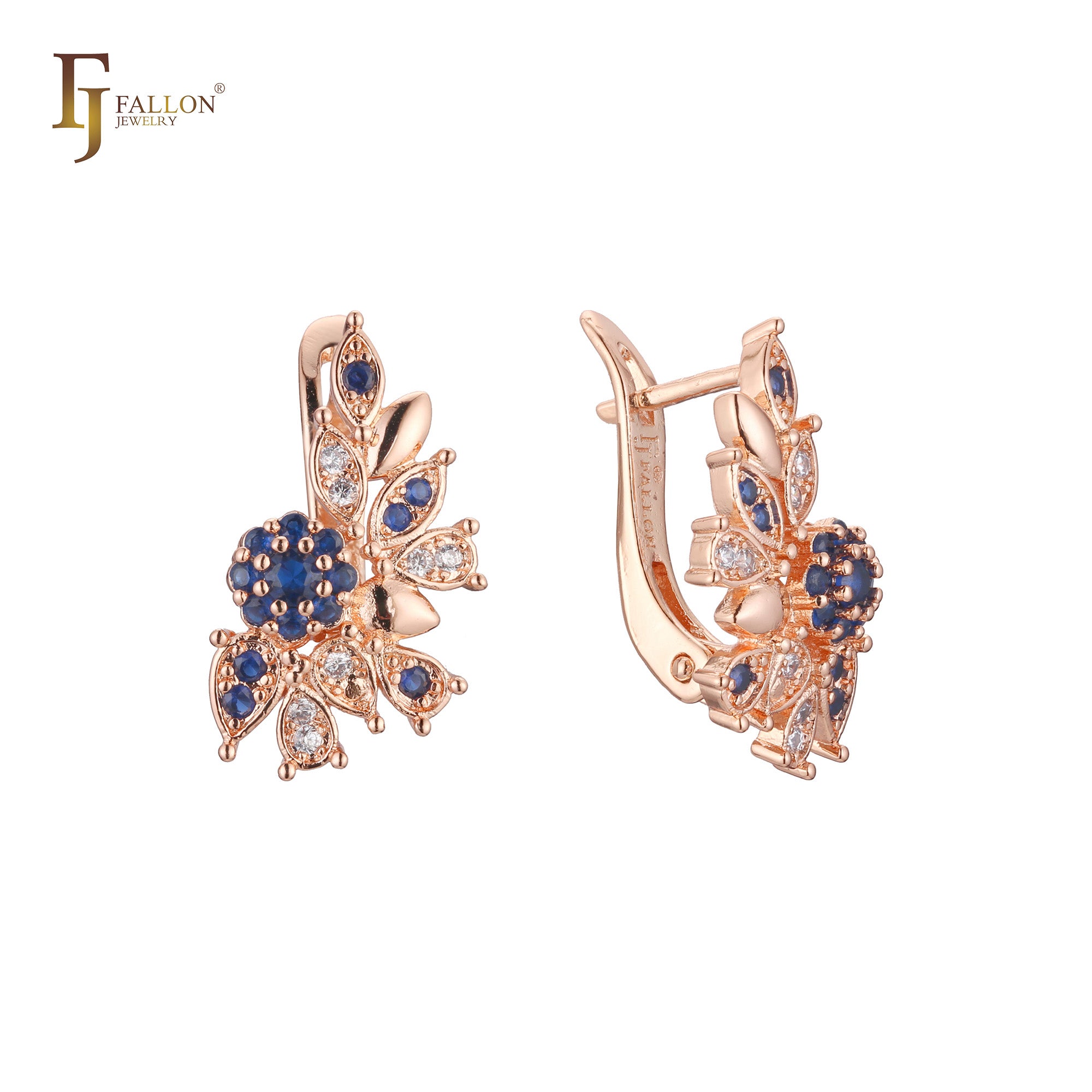 Sparkling flower of beads and leaves Rose Gold Russian Lock Earrings