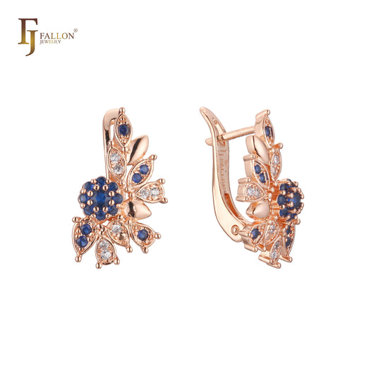 Sparkling flower of beads and leaves Rose Gold Russian Lock Earrings
