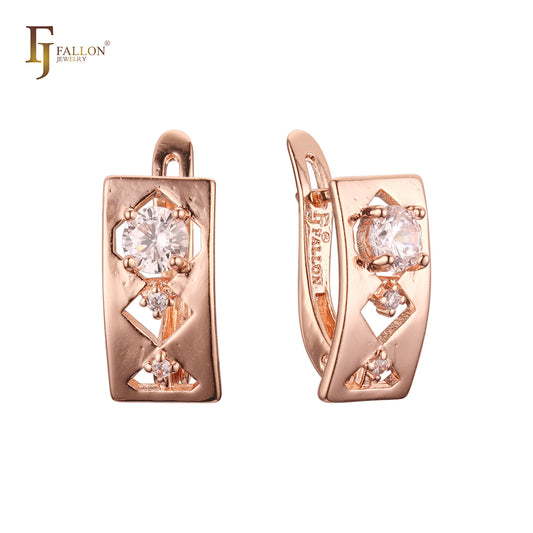 Curved squared of white CZs Russian Lock Rose Gold Earrings