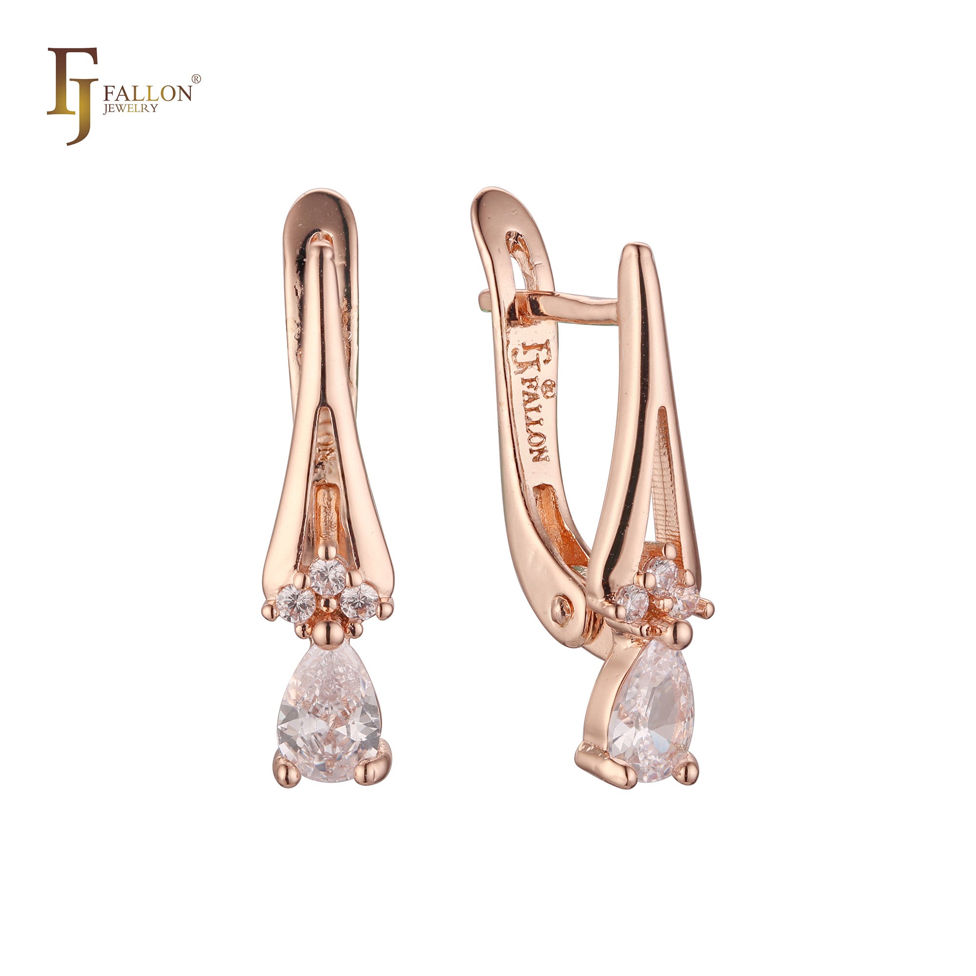 Teardrop white CZs drop chevron Rose Gold Russian Lock Earrings