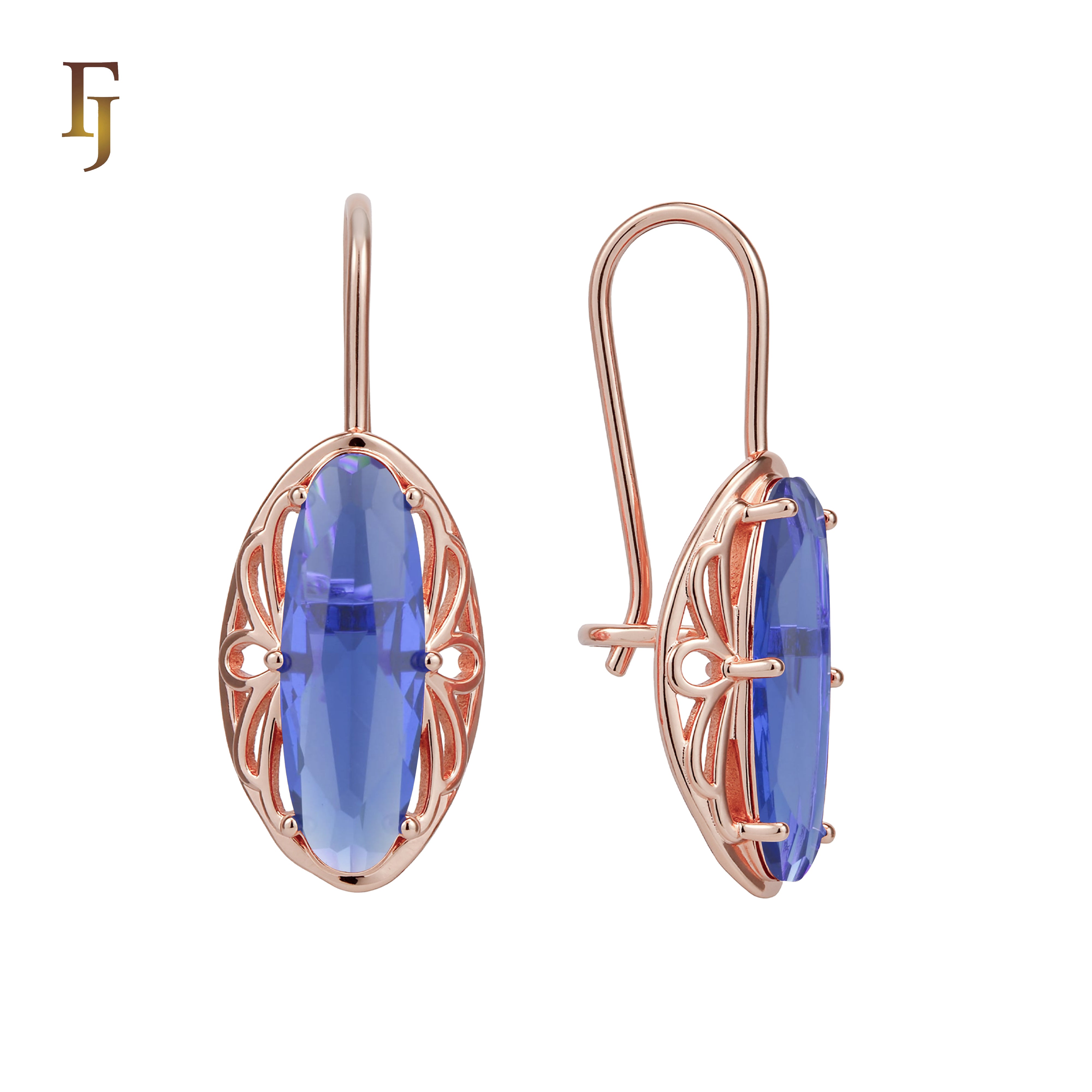 Pendientes simples de oro rosa con gancho de alambre de CZ rojo ovalado grande