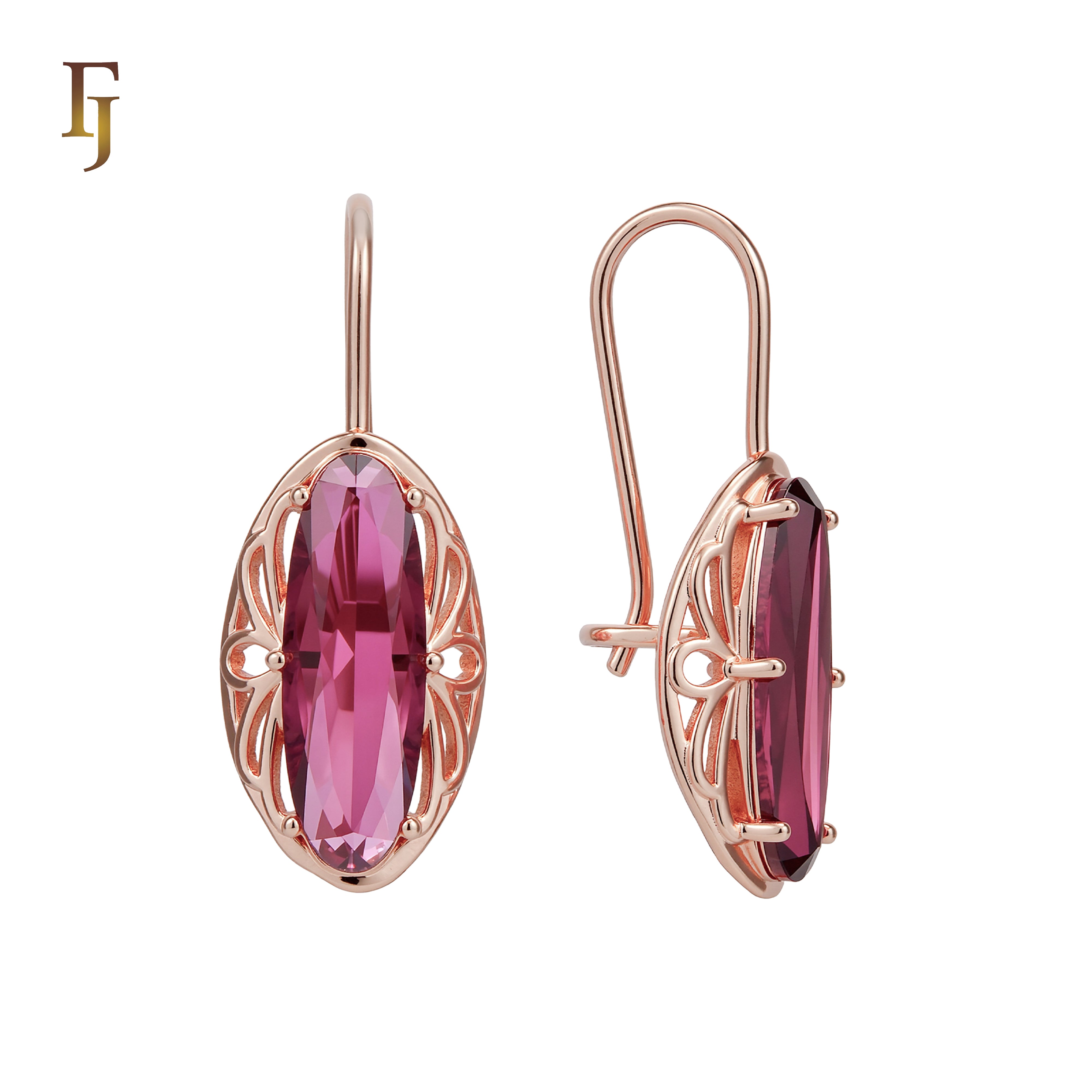 Pendientes simples de oro rosa con gancho de alambre de CZ rojo ovalado grande