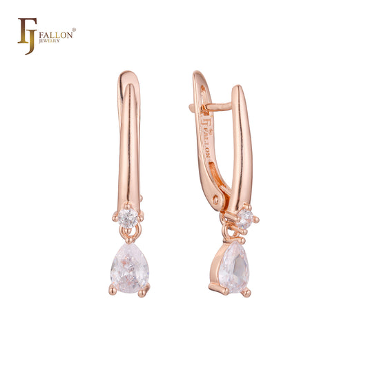 Teardrop white CZs drop Russian Lock Rose Gold Earrings