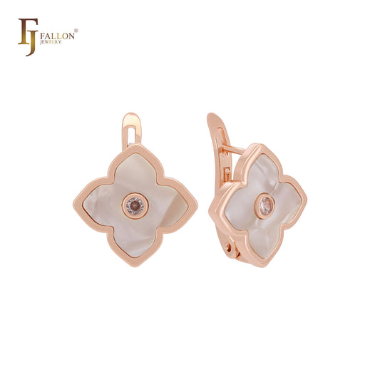 Pendientes de clip de oro rosa con trébol de la suerte de color blanco o negro de loto