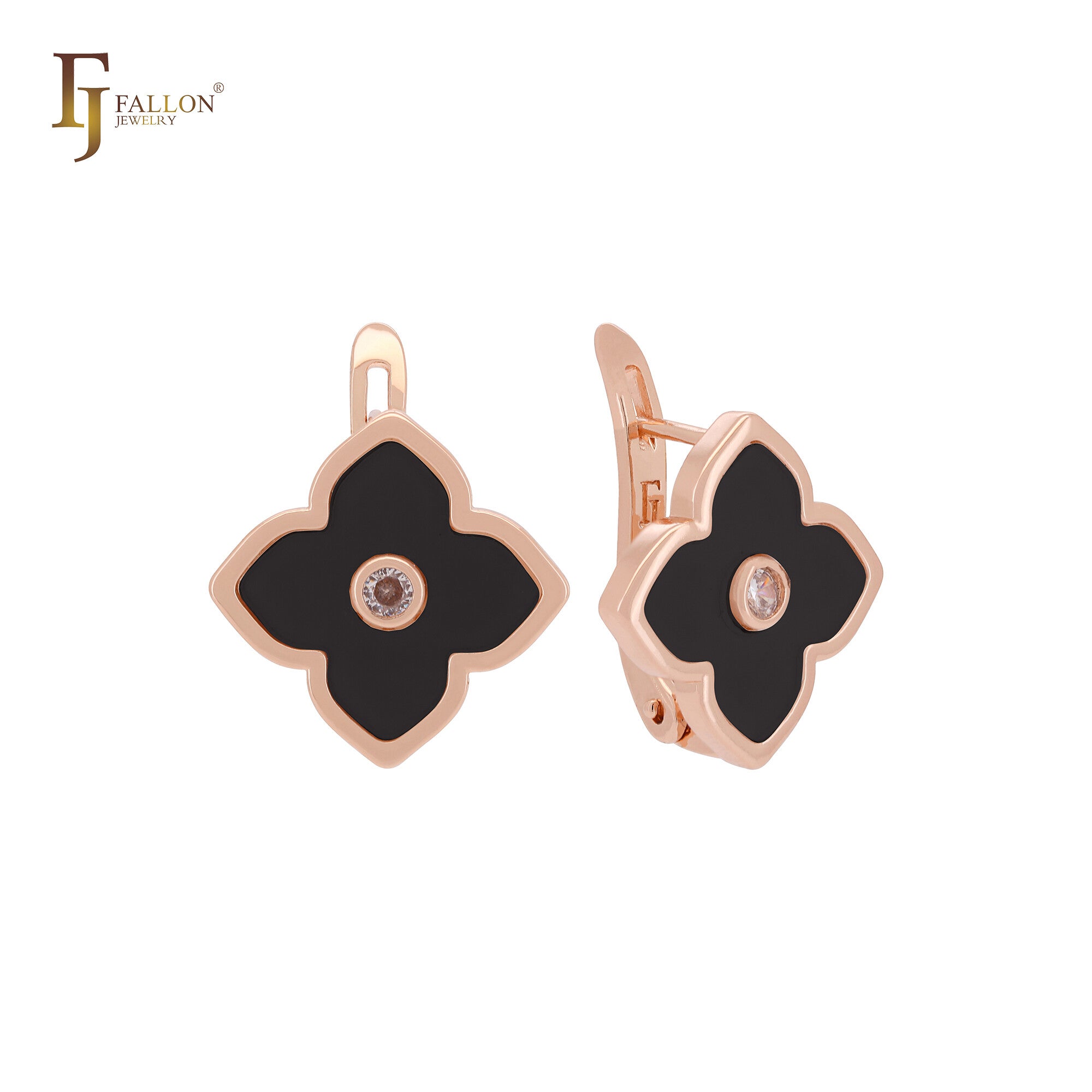 Pendientes de clip de oro rosa con trébol de la suerte de color blanco o negro de loto