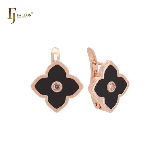 Pendientes de clip de oro rosa con trébol de la suerte de color blanco o negro de loto