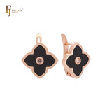 Pendientes de clip de oro rosa con trébol de la suerte de color blanco o negro de loto