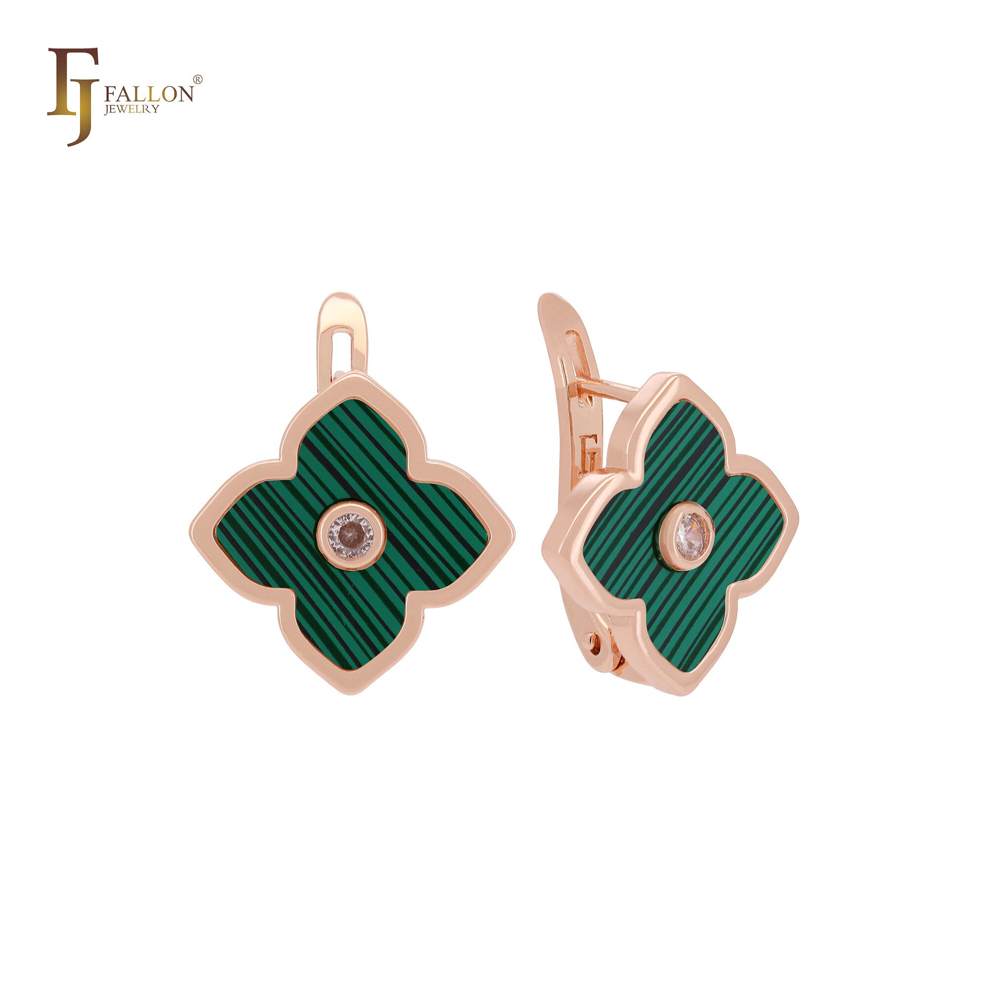 Pendientes de clip de oro rosa con trébol de la suerte de color blanco o negro de loto