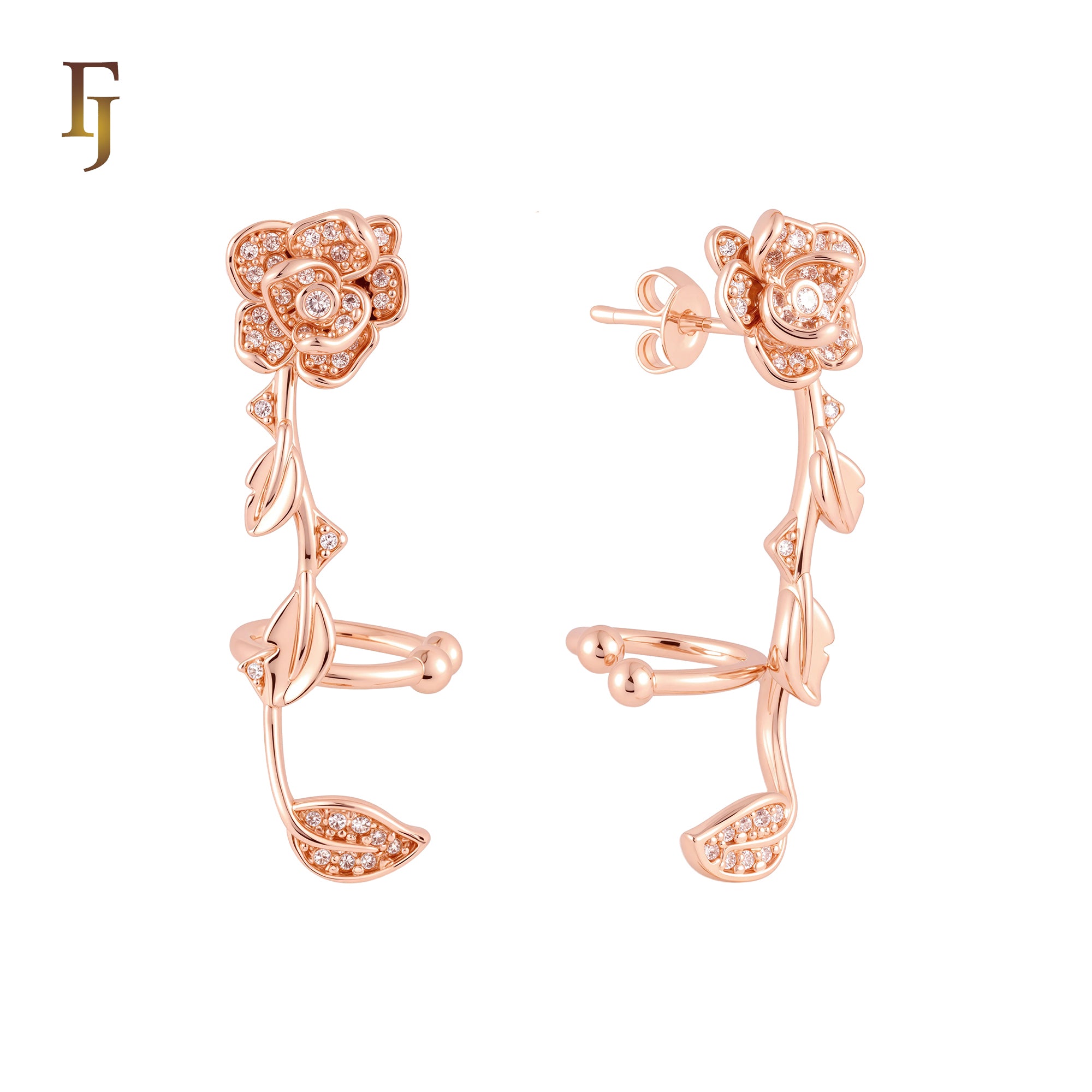 Rosy Rose flower with Leaves cluster white CZs 14K Gold, Rose Gold Stud and Clip Ear Climber Crawler Earrings