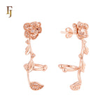 Rosy Rose flower with Leaves cluster white CZs 14K Gold, Rose Gold Stud and Clip Ear Climber Crawler Earrings