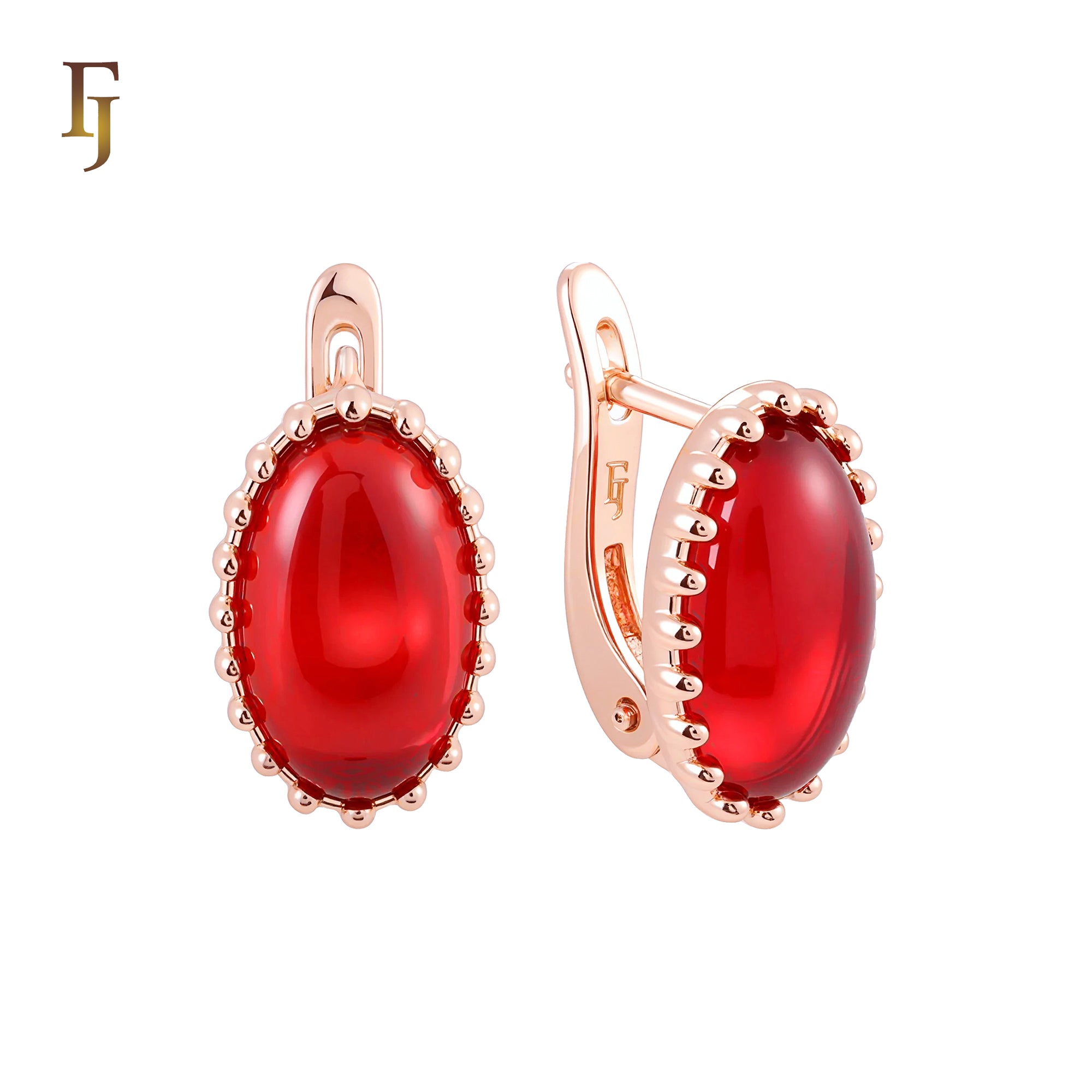 Beaded oval big cabochon stone Rose Gold Russian Lock Earrings