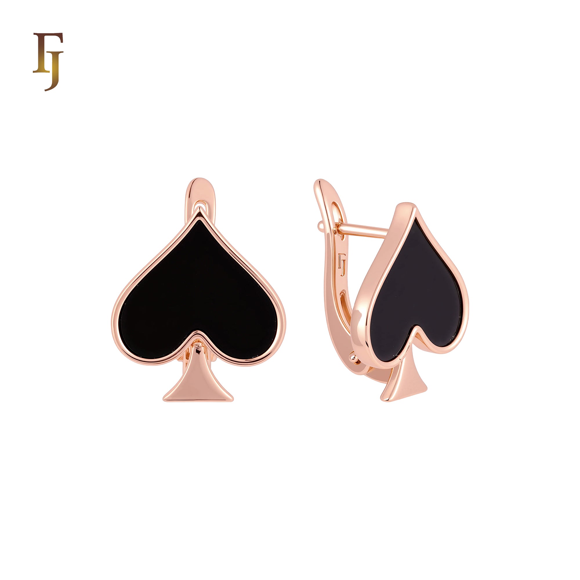 Poker the Spade black onyx Rose Gold Russian Lock Earrings