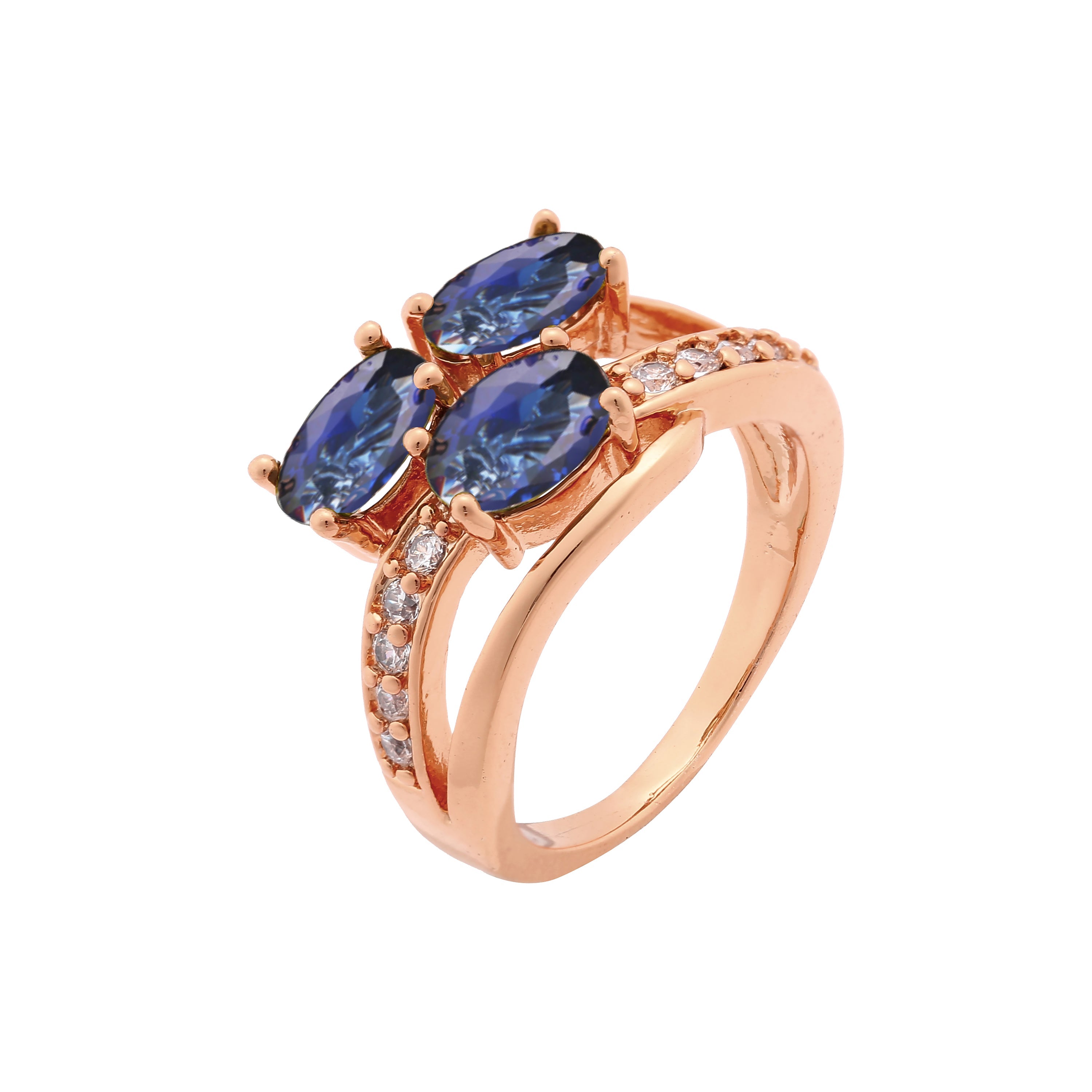Luxuoso conjunto pavimentado de três pedras anéis de ouro rosa