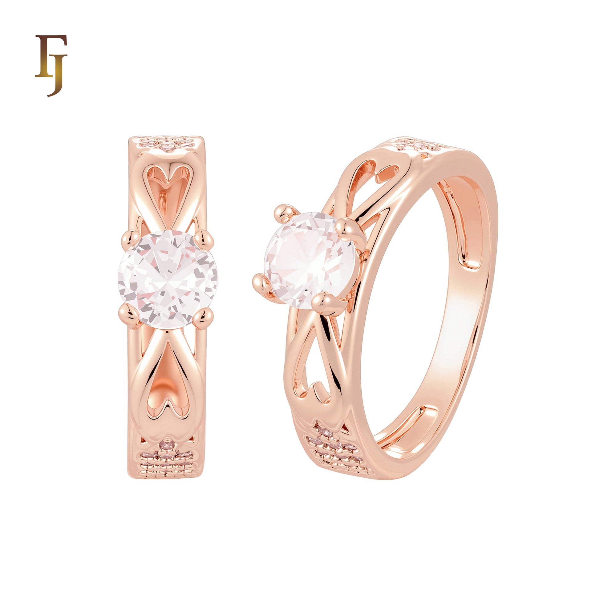 Double Heart with white CZs flower 14K Gold Wedding Set Rings