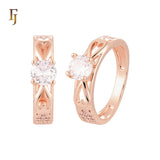 Double Heart with white CZs flower 14K Gold Wedding Set Rings