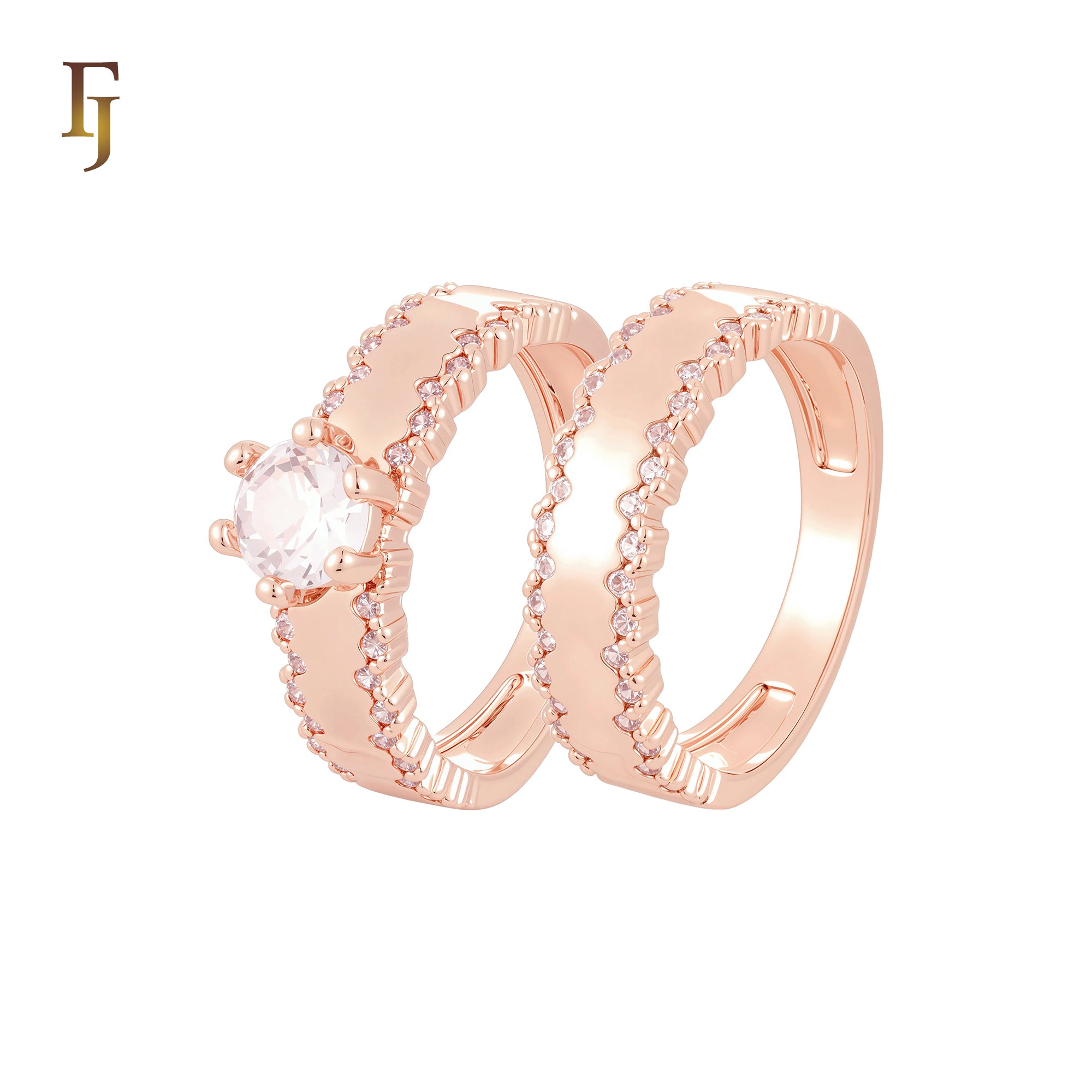 Paved double irregular white CZs rows 14K Gold Wedding Set Rings