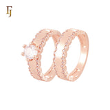 Paved double irregular white CZs rows 14K Gold Wedding Set Rings