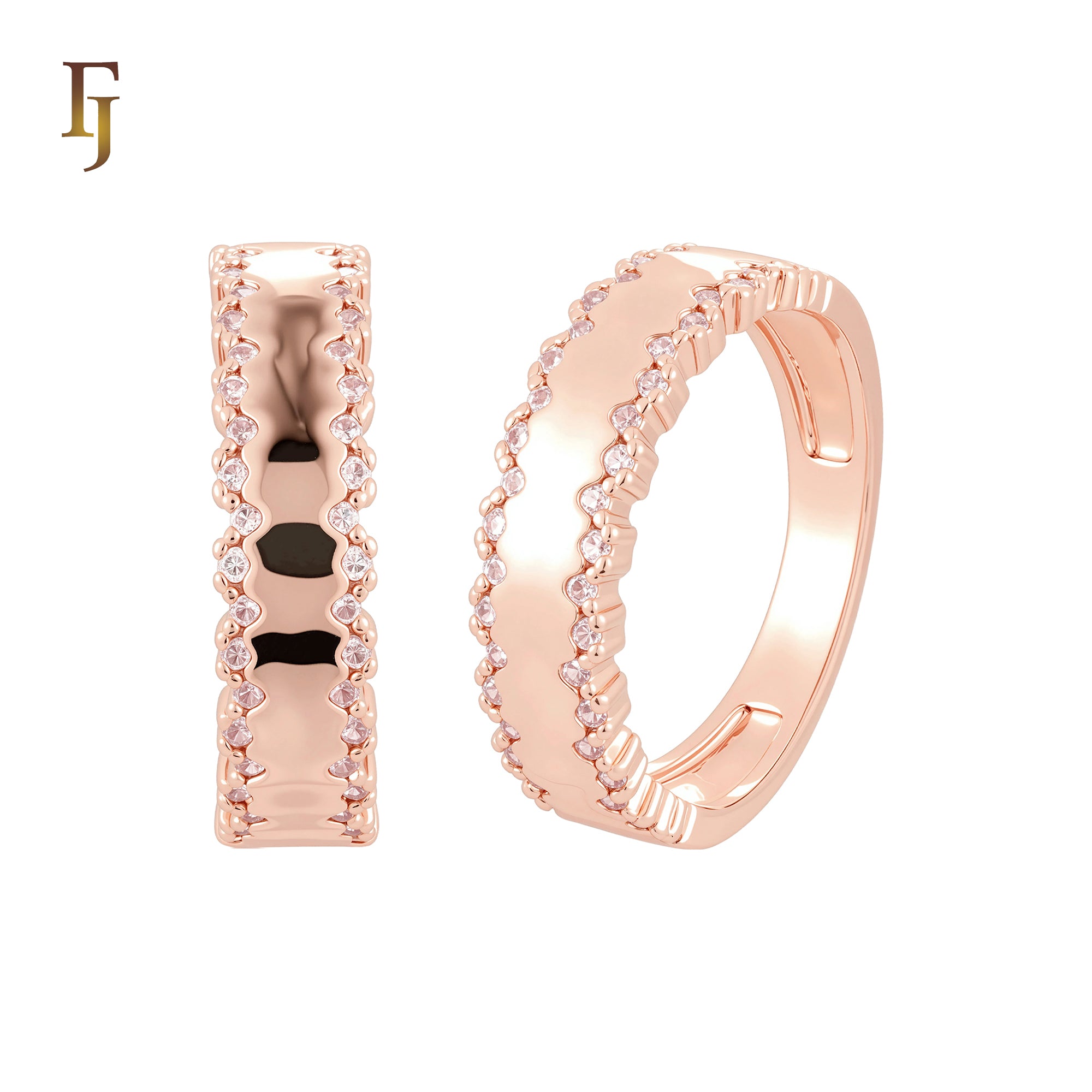 Paved double irregular white CZs rows 14K Gold Wedding Set Rings