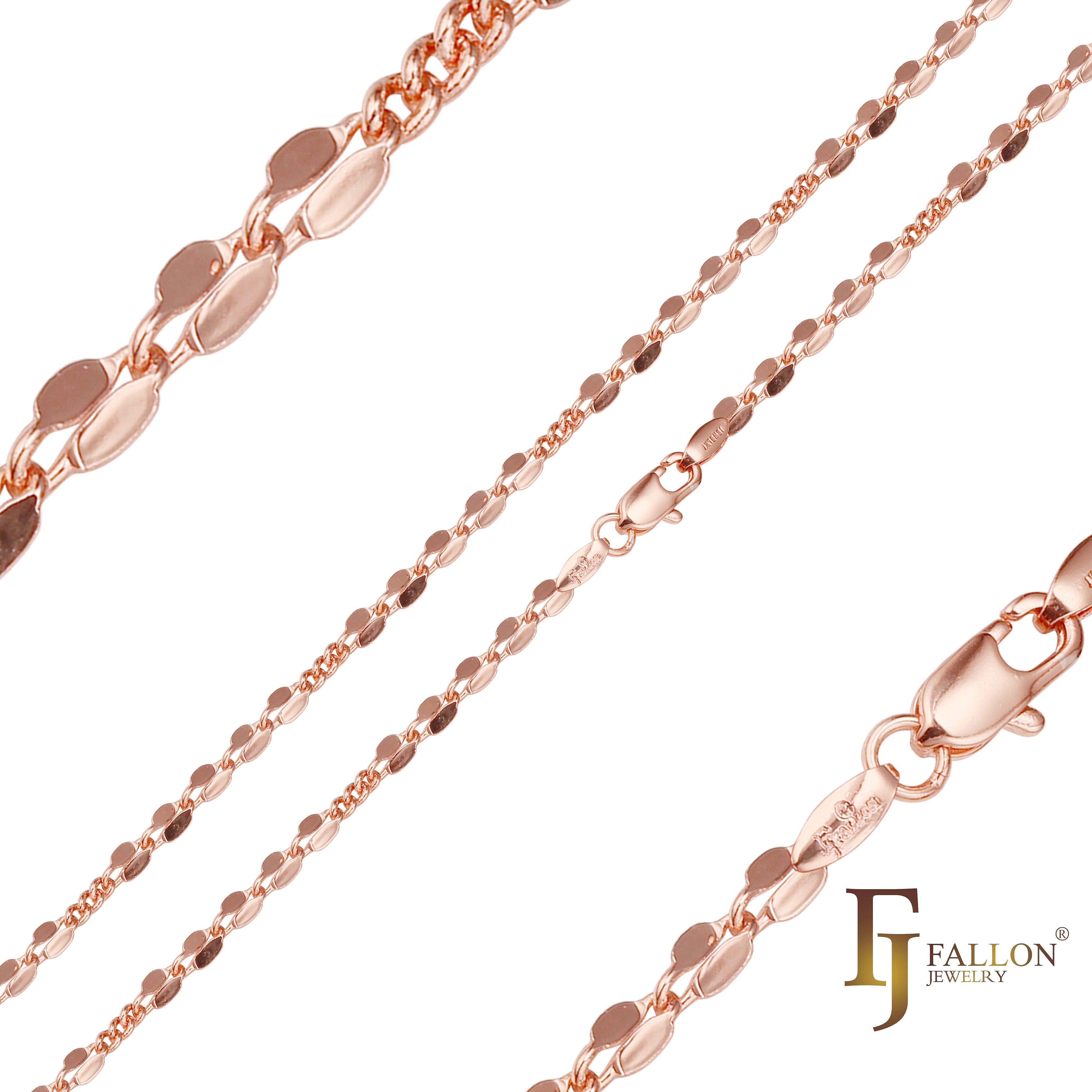 Cadenas de encaje de lentejuelas chapadas en oro blanco, Oro 14K, oro rosa