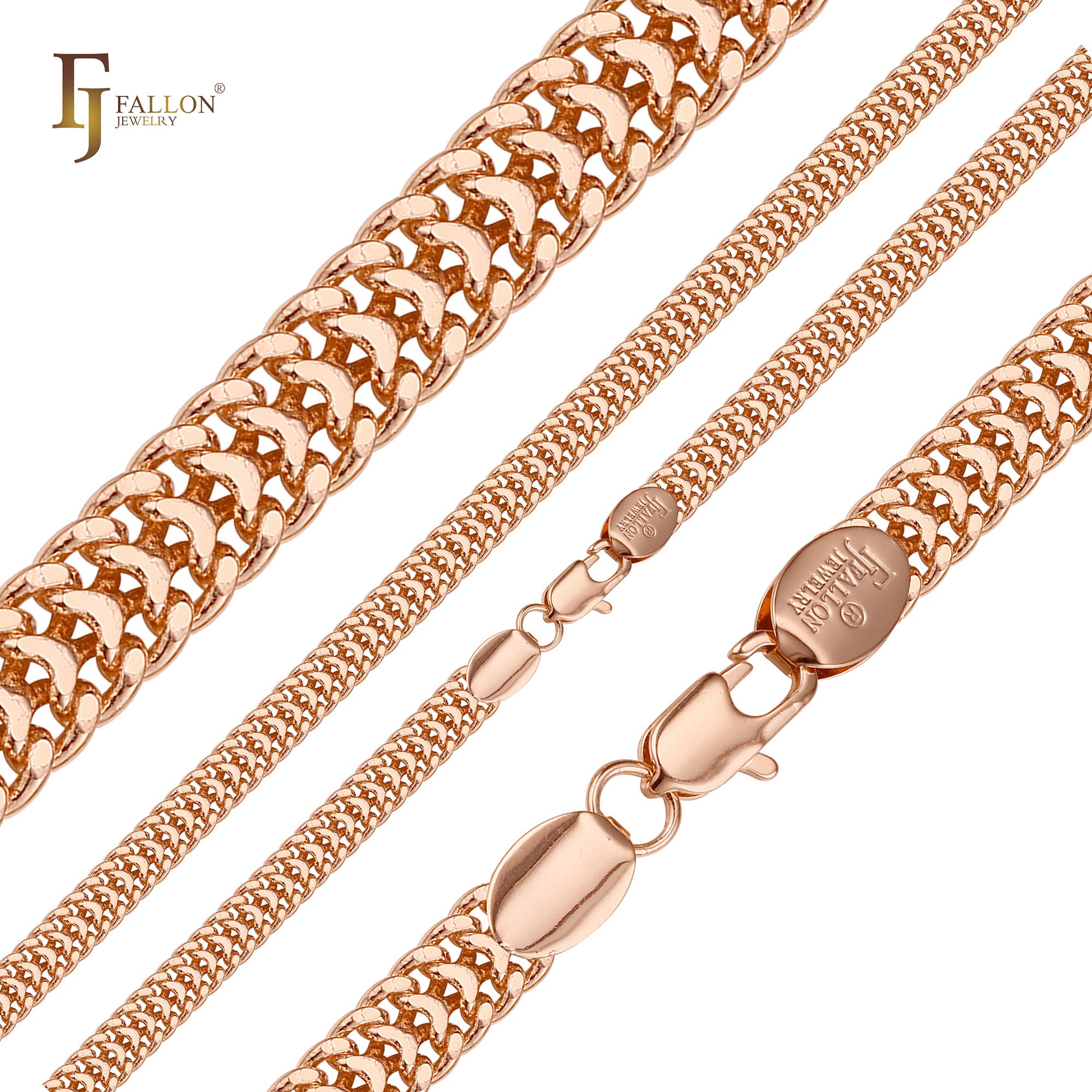 .Correntes cubanas de elo duplo bidirecional banhadas em ouro rosa, superfície de dois tons achatada SF
