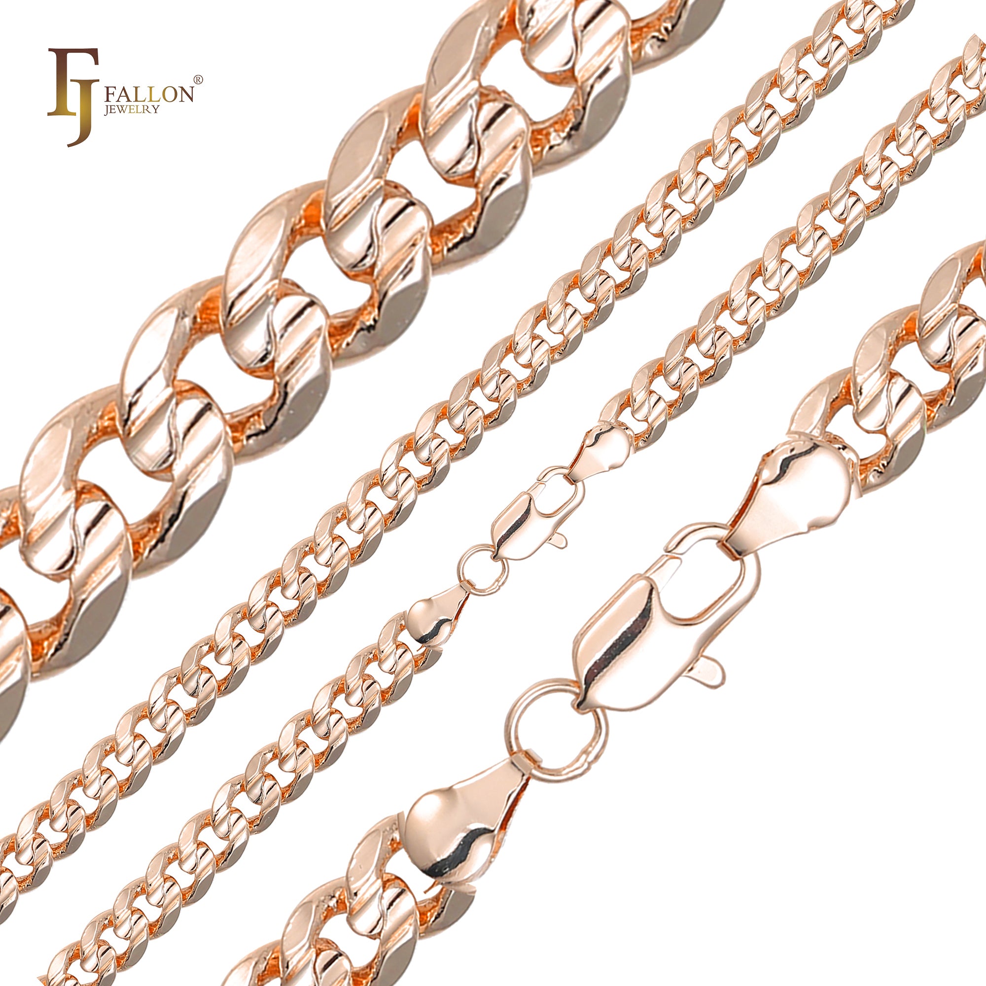 Classic Miami Style Cuban link center double grooved chains plated in 14K Gold, Rose Gold, two tone