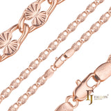 Cadenas de eslabones de lujo en oro de 14 quilates, oro rosa y oro blanco con clip ovalado con diseño de rayos de sol martillados.