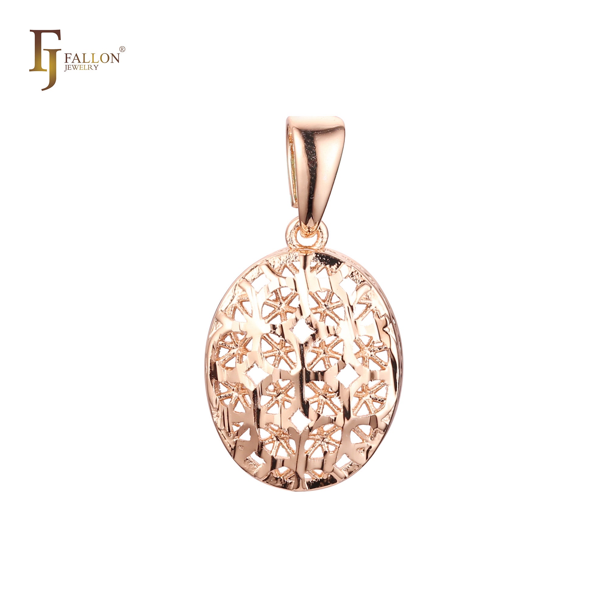 Oval rounded textured radiant snowflake Rose Gold Filigree Pendant