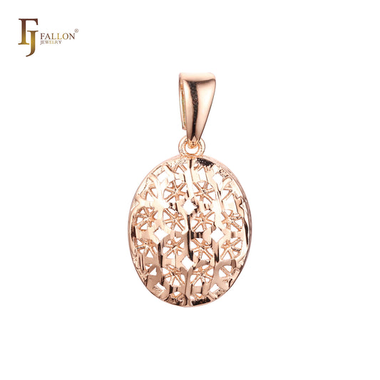 Oval rounded textured radiant snowflake Rose Gold Filigree Pendant