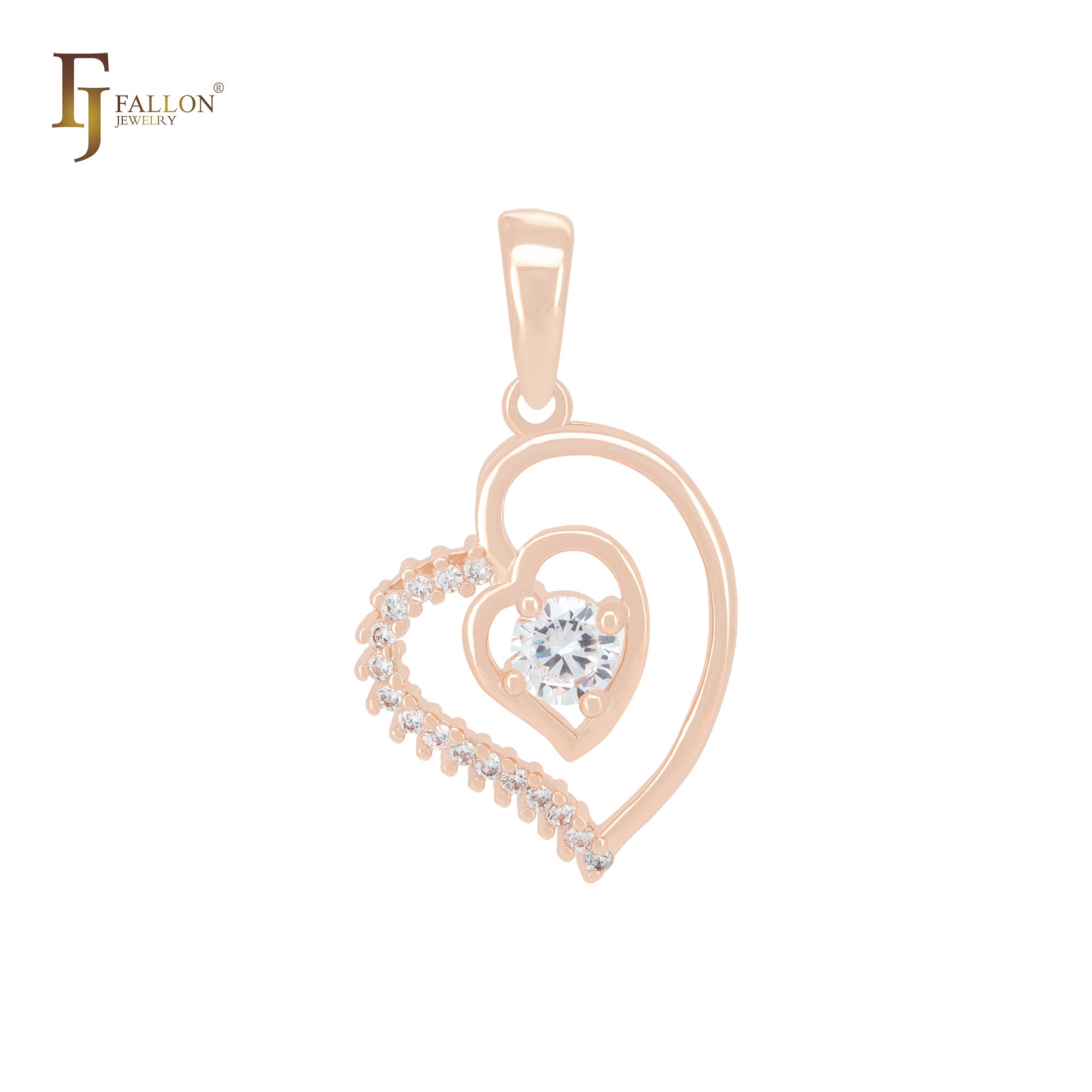 Paved white CZs heart in heart Rose Gold Pendant