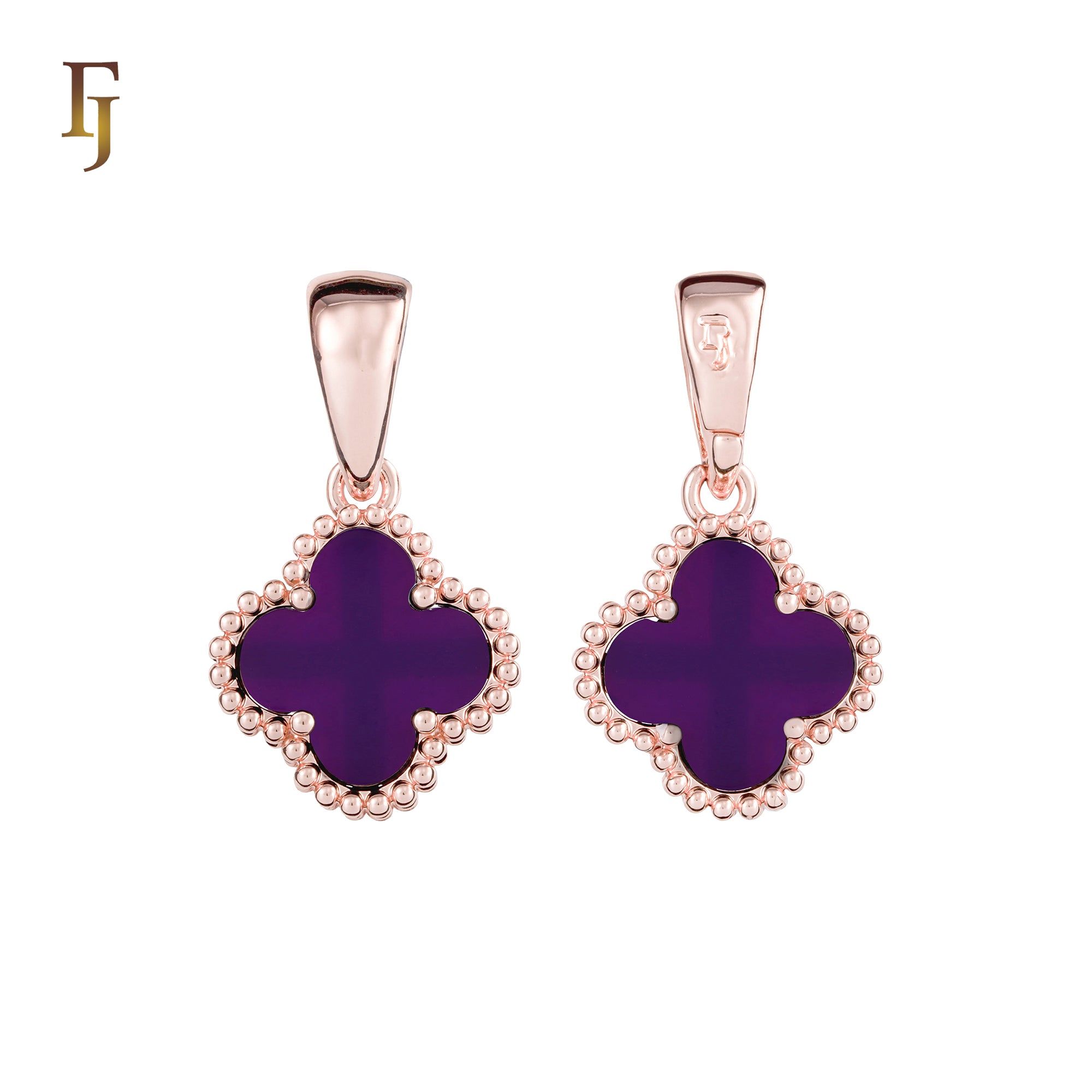 🔥 Clover-Shaped 12mm Colorful Onyx Pendant in Beaded Frame, 14K Gold, Rose Gold, White Gold Plated Brass | FJ Fashion Jewelry