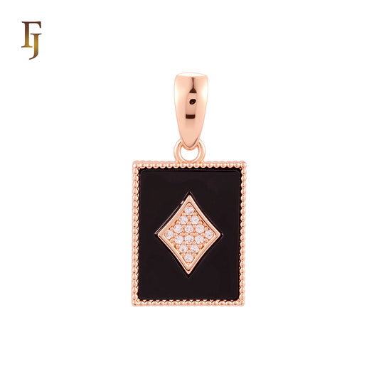 Rectangular black oil painted poker card white CZs Paved Rose Gold Pendant