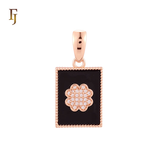 Rectangular black oil painted poker card white CZs Paved Rose Gold Pendant